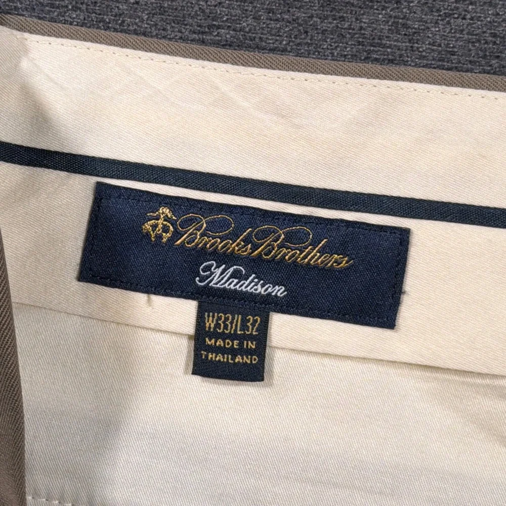 Brooks Brothers Madison Dress Pants Mens 33x32 Tan 100% Wool Flat Front Academia